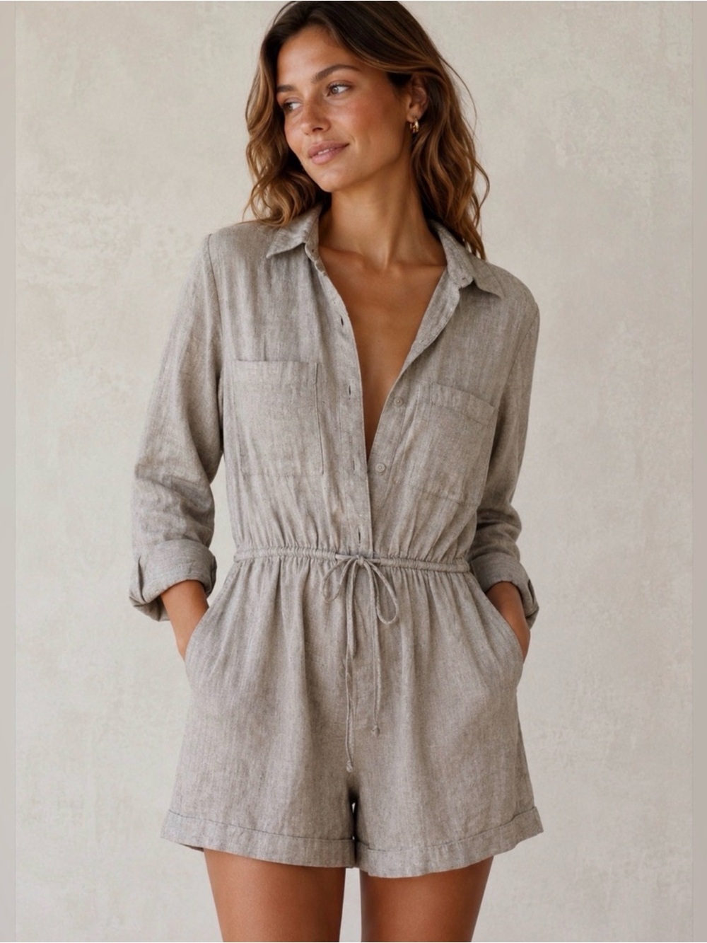 Abercrombie & Fitch Linen-Blend Drawstring Romper in Neutral Taupe size L